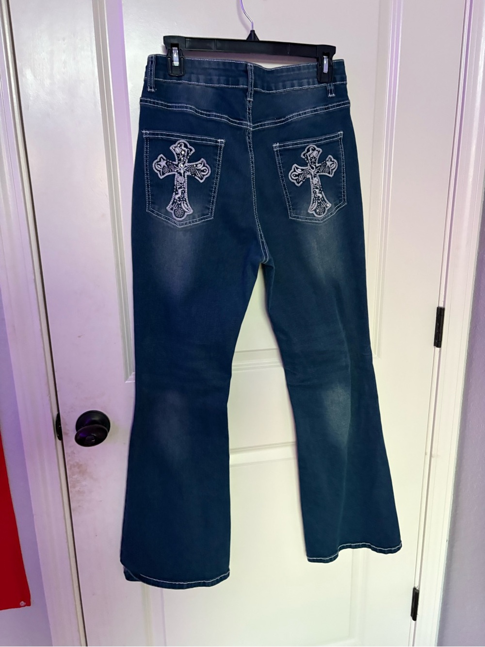 ROMWE Women's Dark Blue Flare Jeans - Picture 2 of 4
